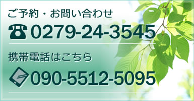 ご予約・お問い合わせ TEL:0279-24-3545 携帯:090-5512-5095